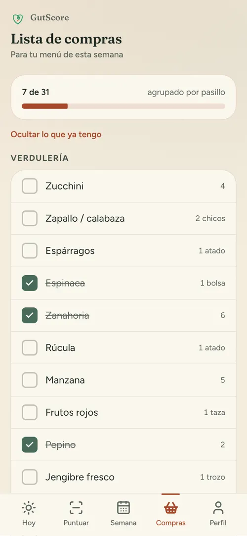 Pantalla "Compras": la lista de la semana agrupada por pasillo