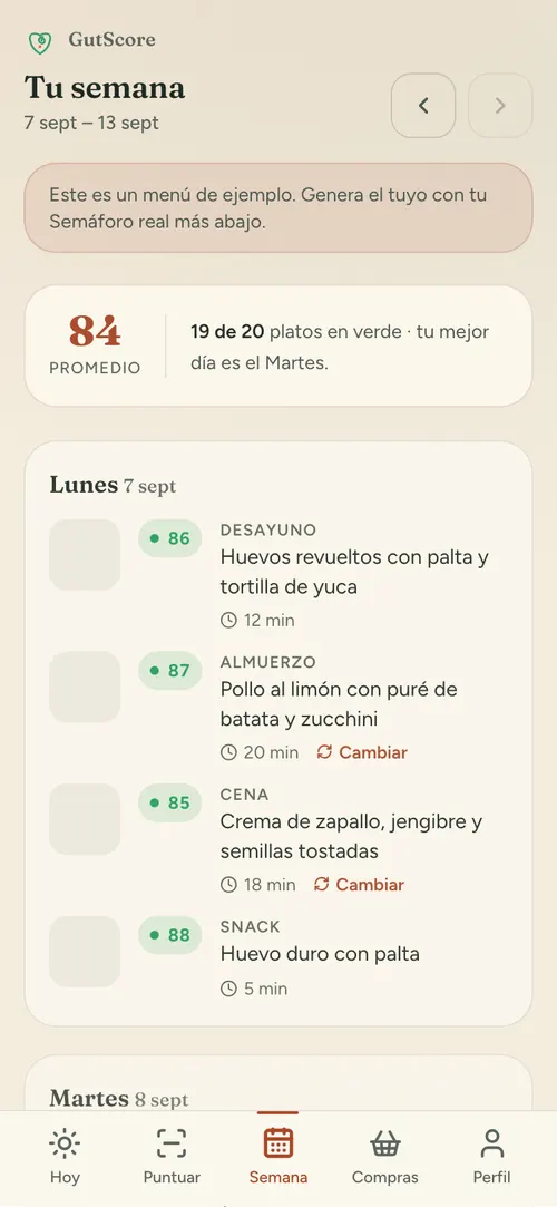 Pantalla "Semana": el menú de 7 días con el puntaje de cada plato